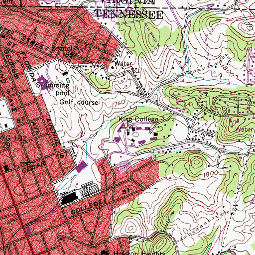 Topographic Map of King College, TN