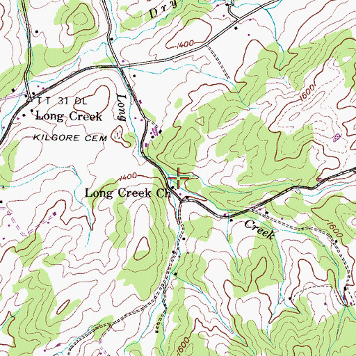 Topographic Map of Long Creek Church, TN