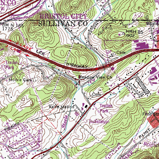 Topographic Map of Meadow View Church, TN