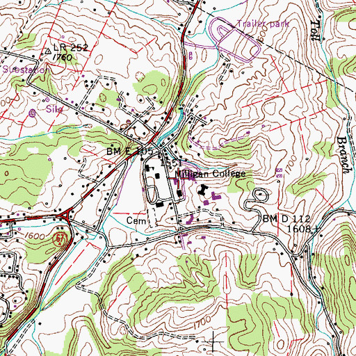 Topographic Map of Milligan College, TN