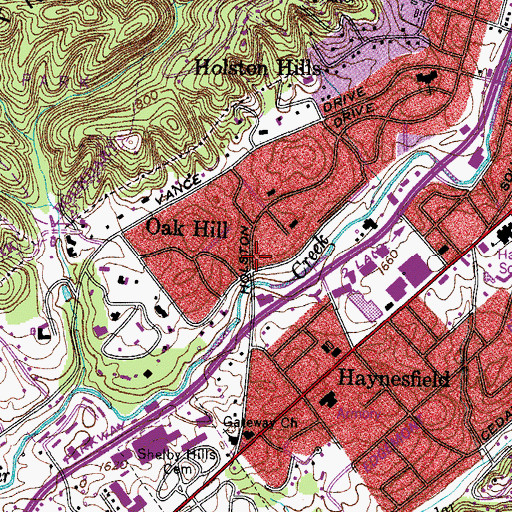 Topographic Map of Oak Hill, TN