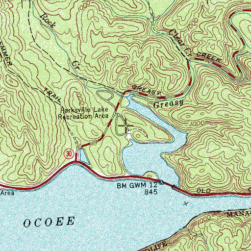 Topographic Map of Parksville Lake Recreation Area, TN
