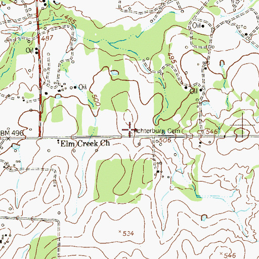 Topographic Map of Achterburg Cemetery, TX