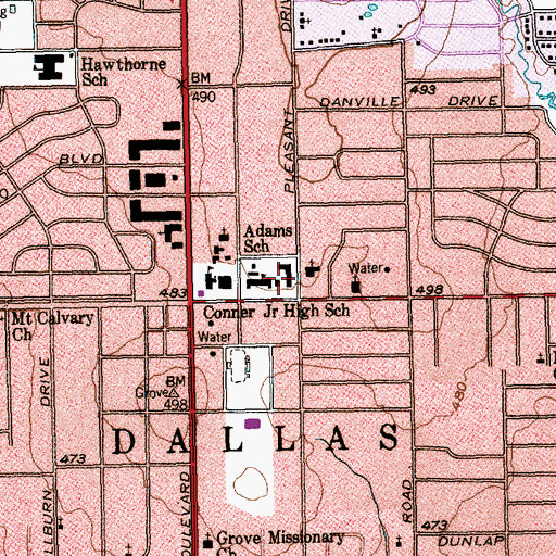 Topographic Map of Adams School, TX