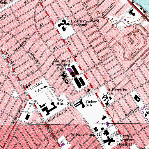 Topographic Map of Alameda Shopping Center, TX