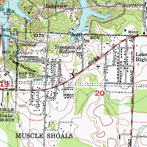 Topographic Map of Muscle Shoals Baptist Church, AL