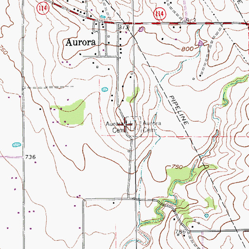 Topographic Map of Aurora Cemetery, TX