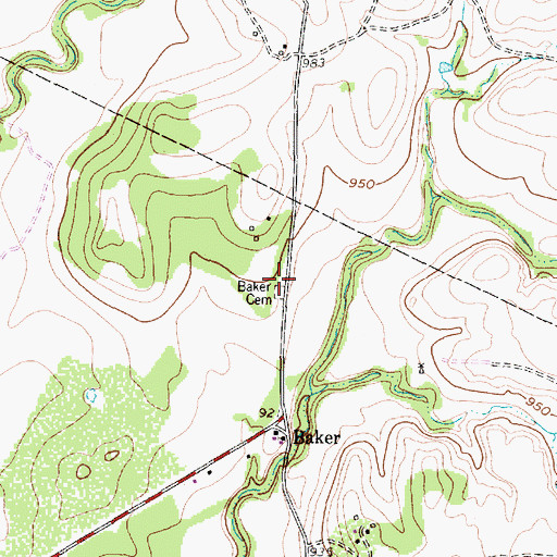 Topographic Map of Baker Cemetery, TX
