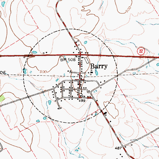 Topographic Map of Barry, TX