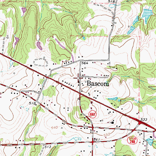 Topographic Map of Bascom, TX