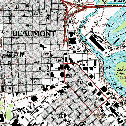 Topographic Map of Beaumont, TX