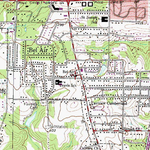Topographic Map of Bel Air Church, TX