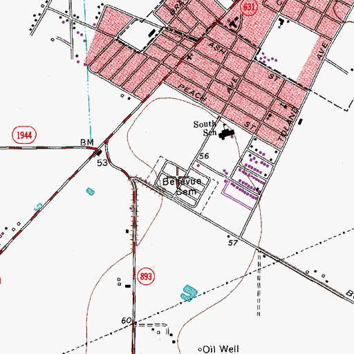 Topographic Map of Bellevue Cemetery, TX