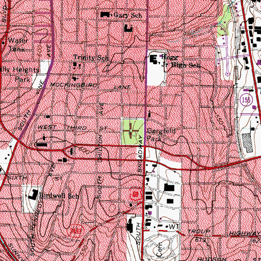 Topographic Map of Bergfeld Park, TX
