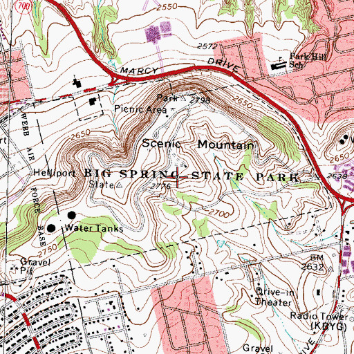 Topographic Map of Big Spring State Park, TX