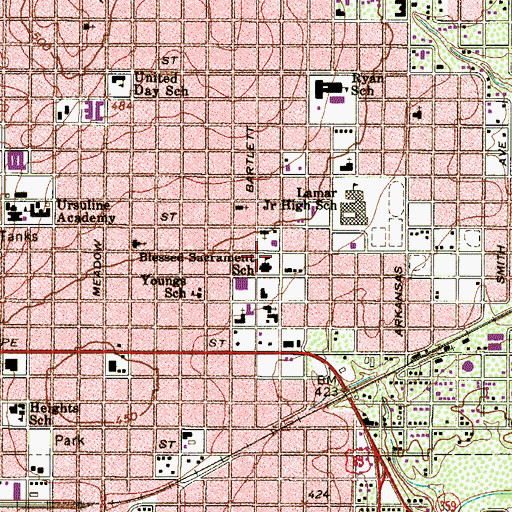 Topographic Map of Blessed Sacrament School, TX
