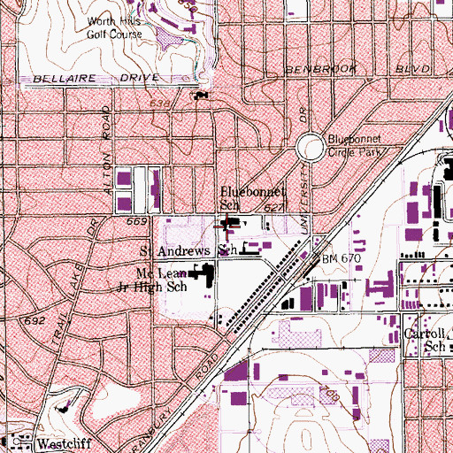Topographic Map of Bluebonnet School, TX