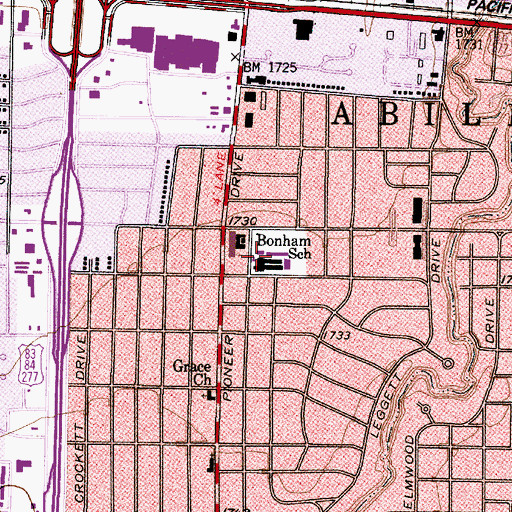 Topographic Map of Bonham School, TX