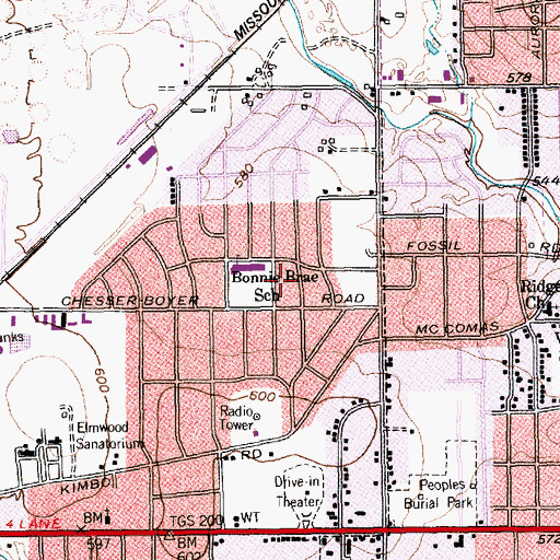 Topographic Map of Bonnie Brae School, TX