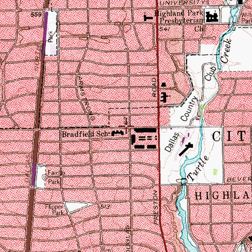 Topographic Map of Bradfield School, TX