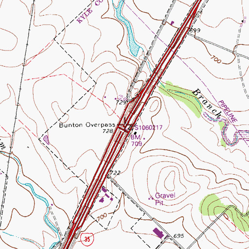 Topographic Map of Bunton Overpass, TX