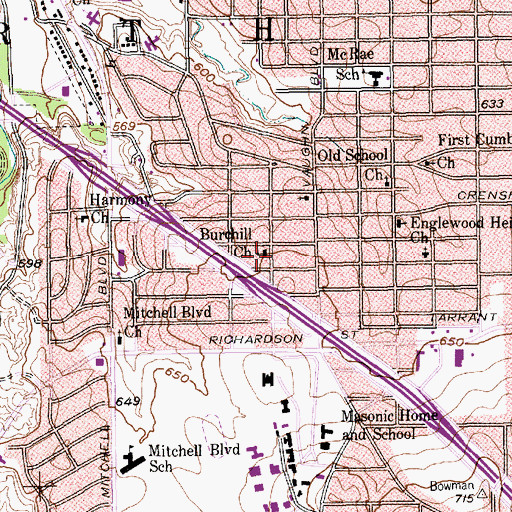 Topographic Map of Burchill Church, TX