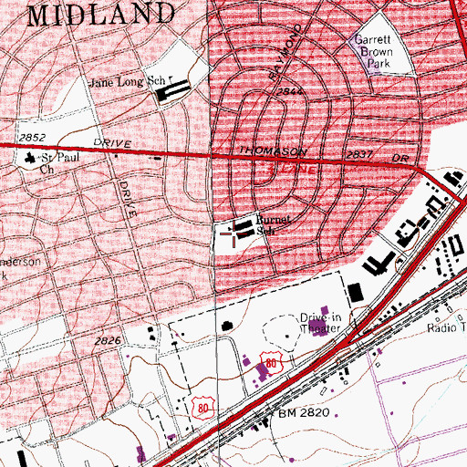 Topographic Map of Burnet School, TX