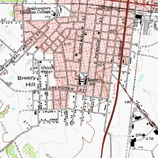 Topographic Map of Burnett School, TX