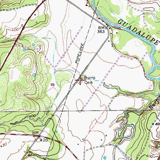 Topographic Map of Burrls Cemetery, TX