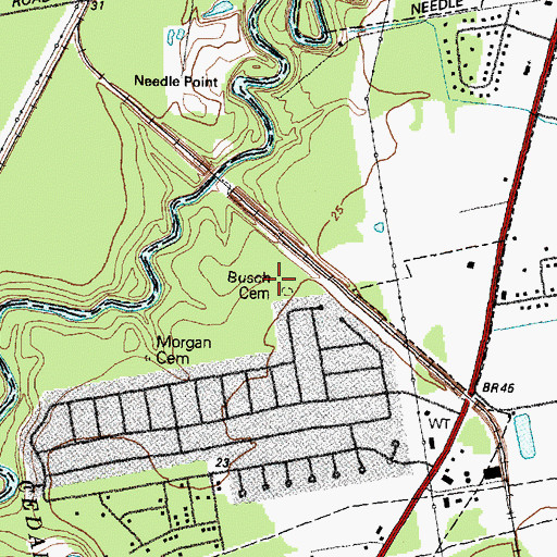 Topographic Map of Busch Cemetery, TX