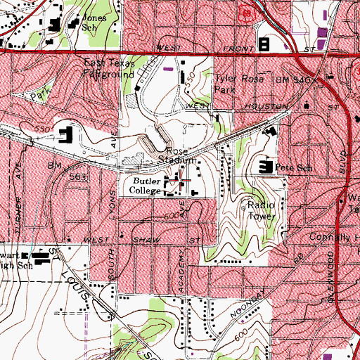 Topographic Map of Butler College, TX