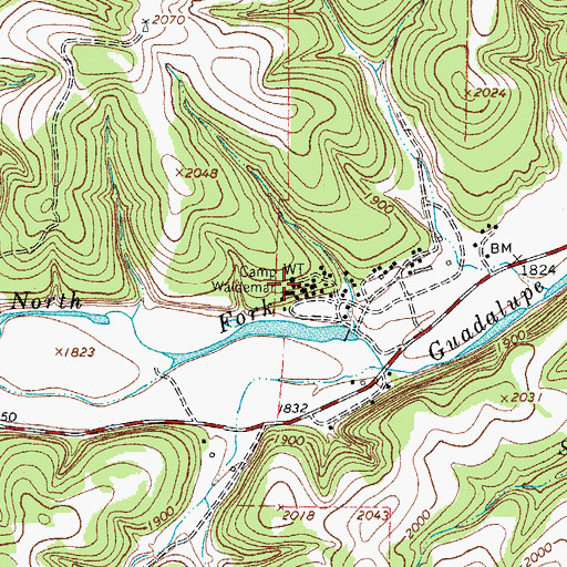 Topographic Map of Camp Waldemar, TX