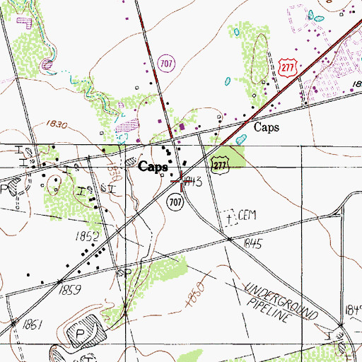 Topographic Map of Caps, TX