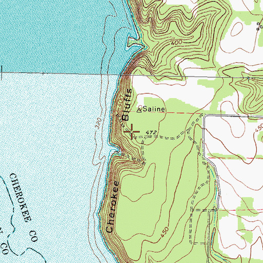 Topographic Map of Cherokee Bluffs, TX