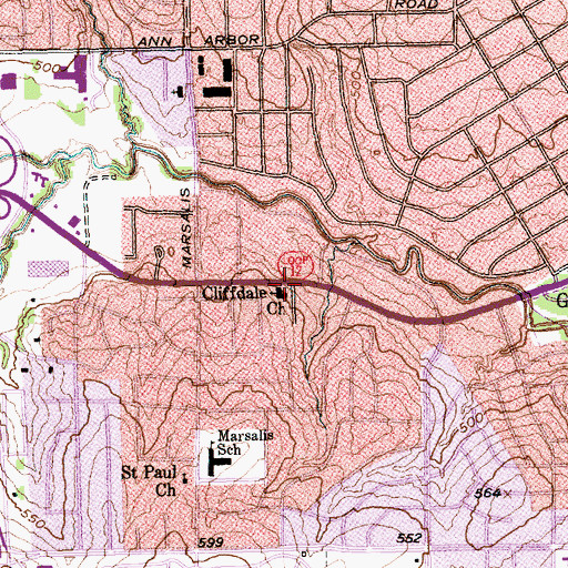 Topographic Map of Cliffdale Church, TX