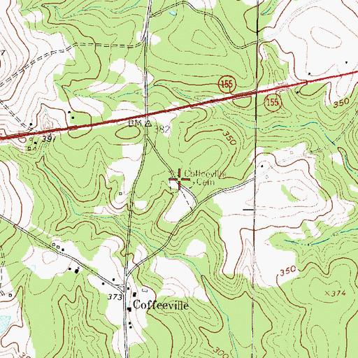Topographic Map of Coffeeville Cemetery, TX