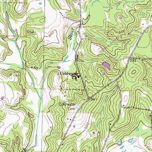 Topographic Map of Coldwater Church, TX
