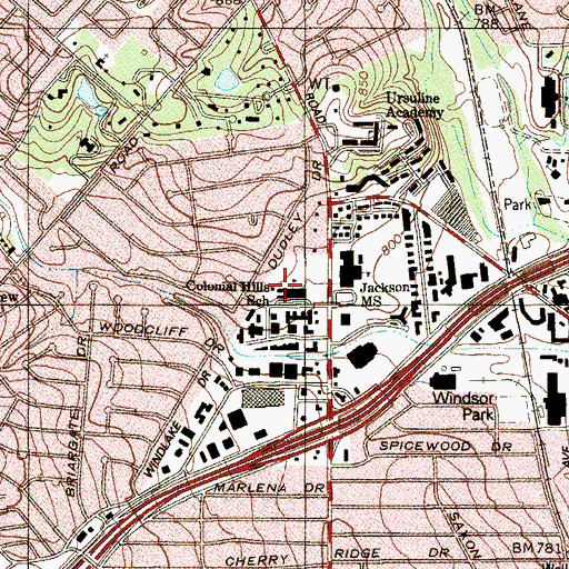 Topographic Map of Colonial Hills School, TX