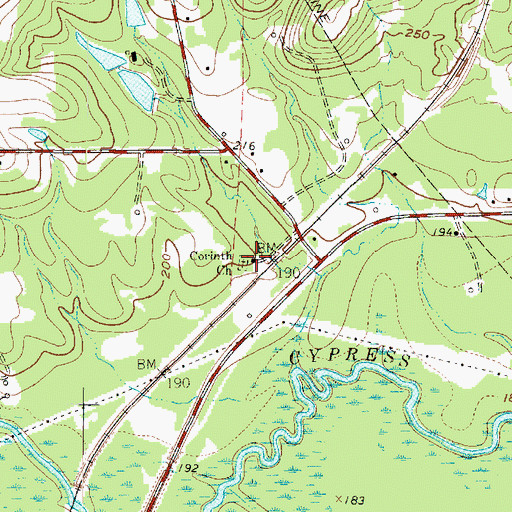 Topographic Map of Corinth Church, TX