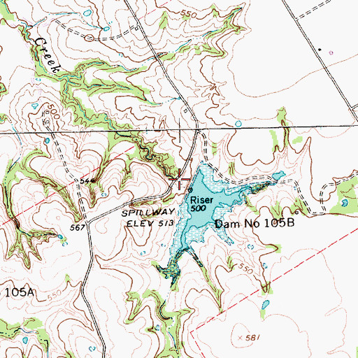 Topographic Map of Dam Number 105B, TX