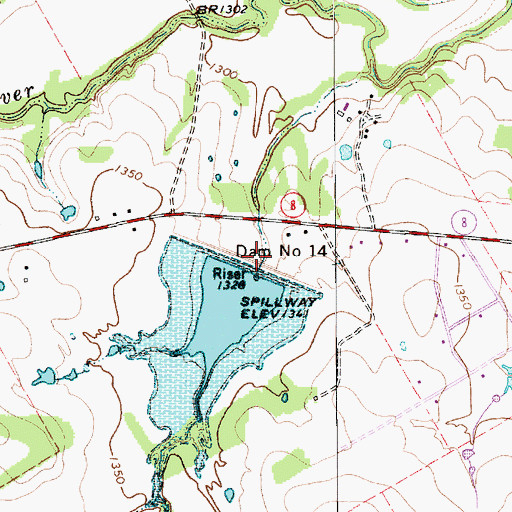 Topographic Map of Dam Number 14, TX