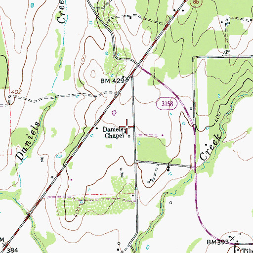 Topographic Map of Daniels Chapel, TX