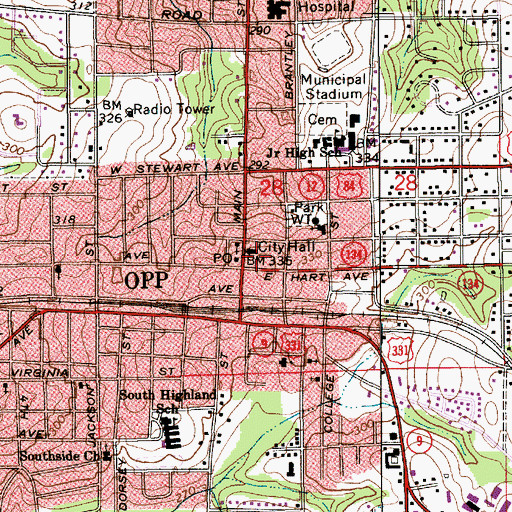 Topographic Map of Opp City Hall, AL