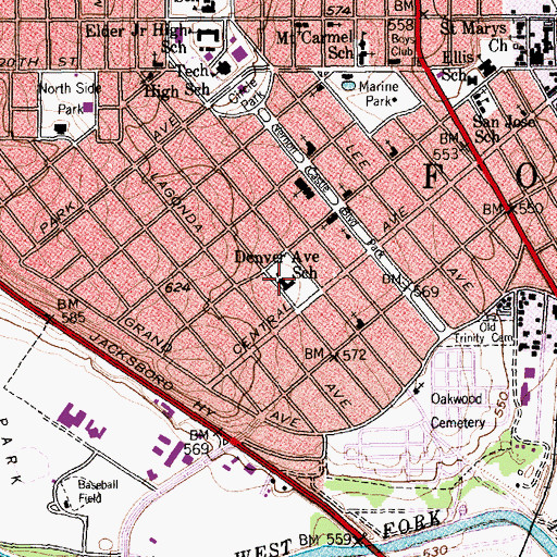Topographic Map of Denver Avenue School, TX