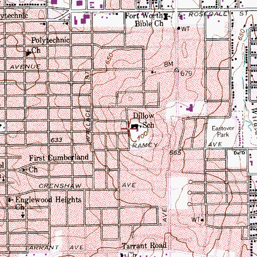 Topographic Map of Dillow School, TX