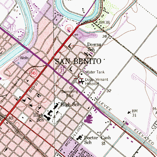 Topographic Map of Dolly Vinsant Memorial Hospital, TX