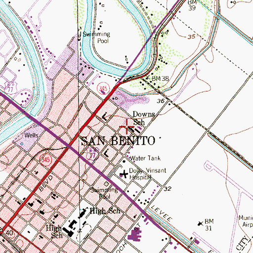 Topographic Map of Downs School, TX