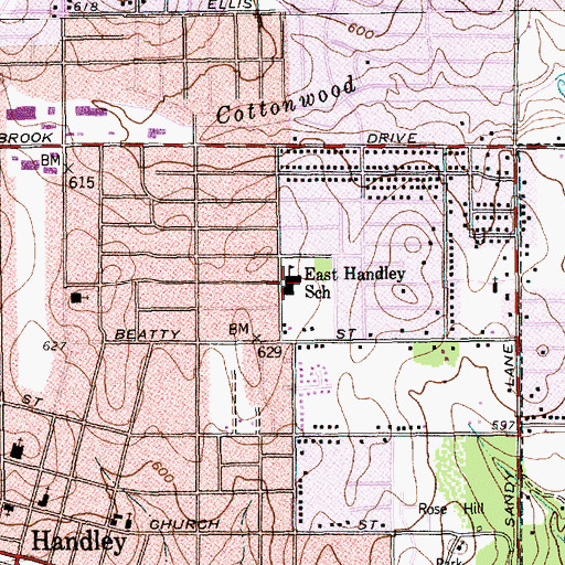 Topographic Map of East Handley School, TX