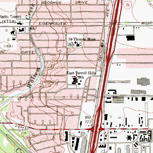 Topographic Map of East Terrell Hills School, TX
