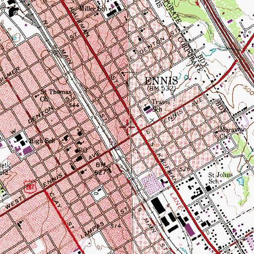 Topographic Map of Ennis, TX